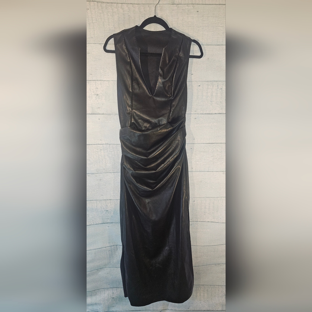 Micas Plunging Neck Waist Ruched Waist Faux Leather Maxi Dress Size Medium NWT
